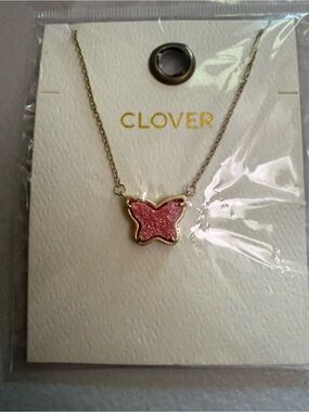 Clover Pink Butterfly Pendant Necklace